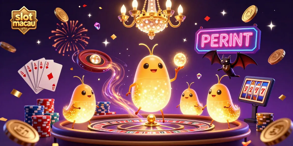 Engage with slot macau and immerse in a dynamic casino scene filled with excitement, gold coins, and vibrant energy.