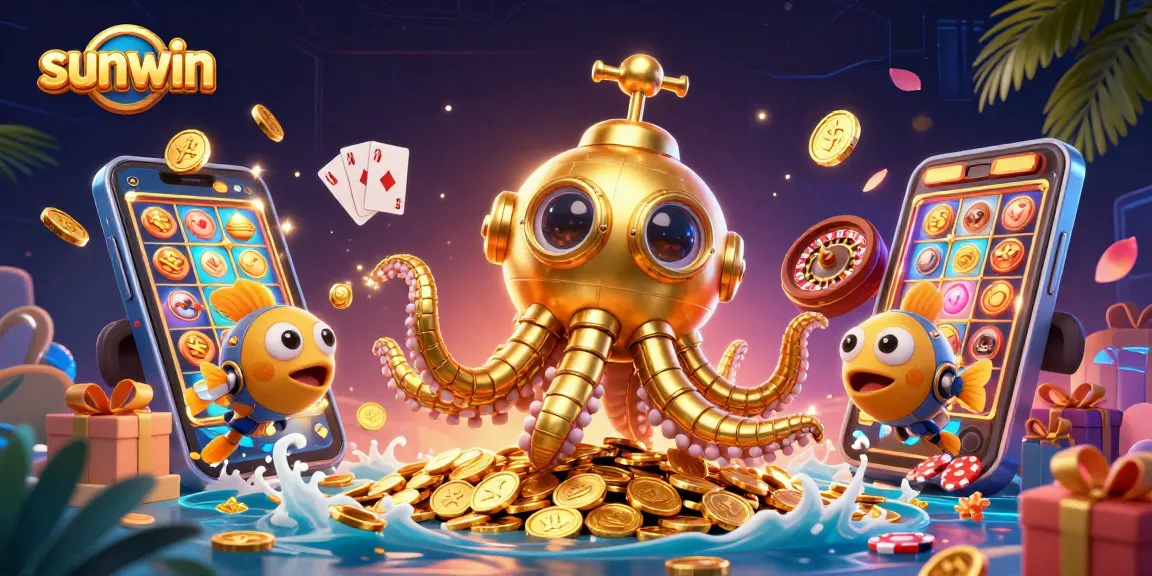 Engage in thrilling adventures at sunwin with a golden kraken submarine amid golden coins and colorful slot games.